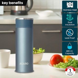 AGARO Elite Stainless Steel Vacuum Flask 480 ML, Double Walled Vacuum Insulated, Copper Insulated, 304 Grade Inner and Outer Stainless Steel Crafted, Leak Proof, Hot and Cold up to 8 hrs, (Blue).
