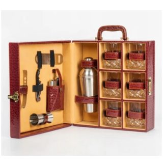 Bar Set 6 Glasses Brown Premium Bar Set | Handy Portable Leatherette Bar Set for Car | 8 Pieces Bar Tool Set