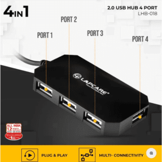 Lapcare 4 Port 2 USB Hub with 1.5M Cable, all 4 port work together