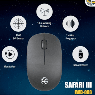 LAPCARE Safari 3 Wireless Optical Mouse with 2.4 Ghz 1000 DPI and Optical Sensor, Black