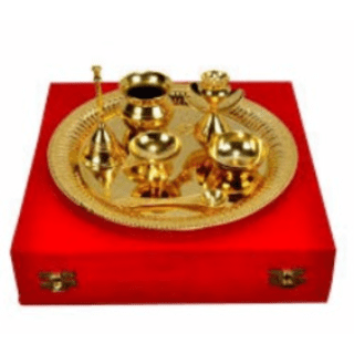 Brass Pooja Thali Plate with Bell Puja Thali Gold_10.4 Inch X 10.4 Inch X 2.7 Inch