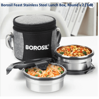 Borosil Feast Stainless Steel Lunch Box, Round x 2 (Tall)