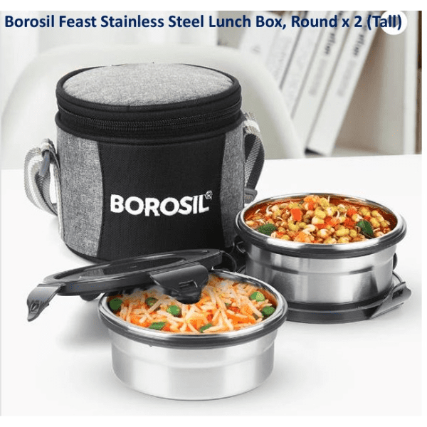 Borosil Feast Stainless Steel Lunch Box, Round x 2 (Tall)