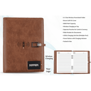 A5 Size Wireless Diary with 8000 MAH Power Bank and LED Branding