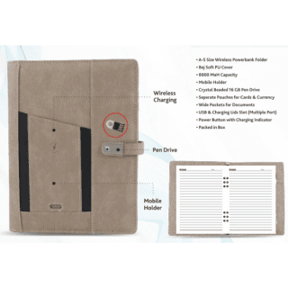 A5 Size PU Wireless Diary with 8000 MAH Power Bank and Crystal Bleeded 16 Gb Pen Drive