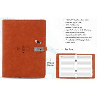 A5 Size PU Wireless Diary with Power Bank, 16 Gb Pen Drive and inbuilt Lamp