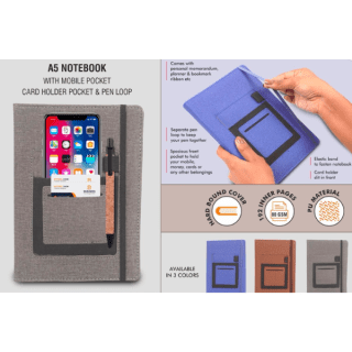 A5 notebook with Mobile pocket and card holder with Pen loop