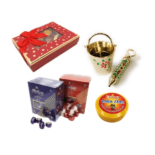 Holi Hungama Hamper- Mini Plastic Balti Pichkari/ Roli Chawal Plate/ Chandan/ Attar/ Chocolate