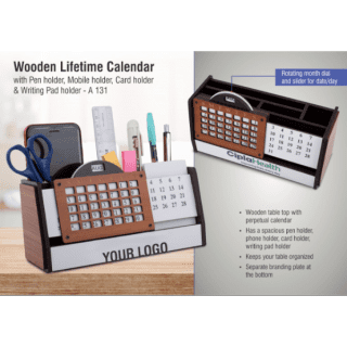 Wooden Lifetime calendar with Pen holder, Mobile holder, Card holder and Writing Pad holder