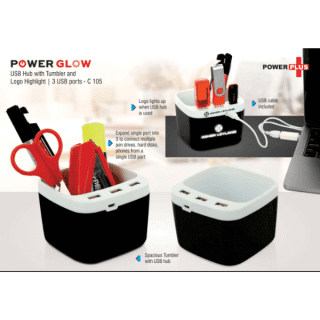 Power Glow USB Hub with tumbler and logo highlight | 3 USB ports