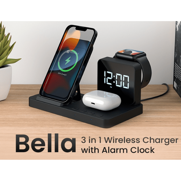 Portronics Bell 3 in 1 wireless charger with alarm clock
