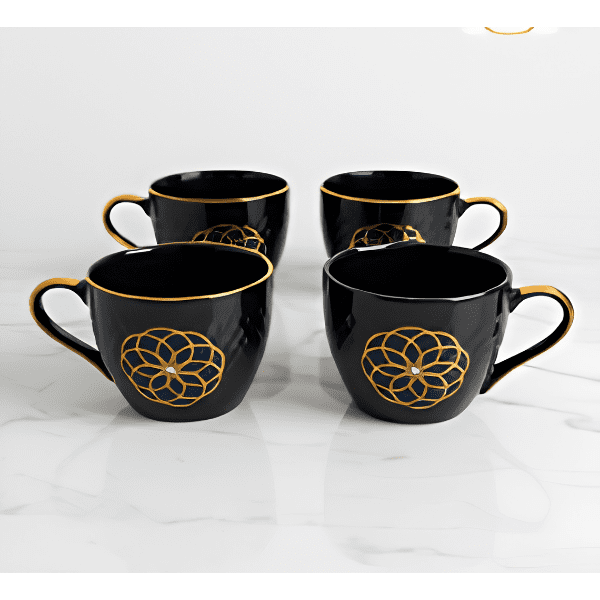 Black Porcelain Diamond Mugs With Swarovski Crystal Set Of 4