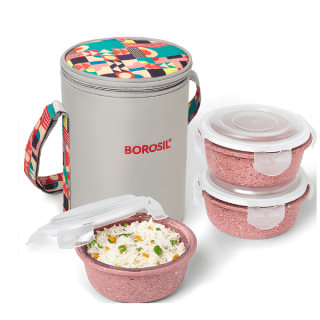Borosil Kube Pink  Glass Lunchbox, Round x 3 (Tall)