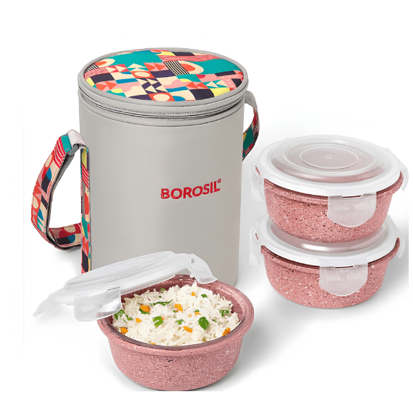 Borosil Kube Pink Glass Lunchbox, Round x 3 (Tall)