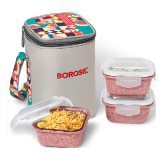 Borosil Kube Pink Glass Lunchbox, Square x 3