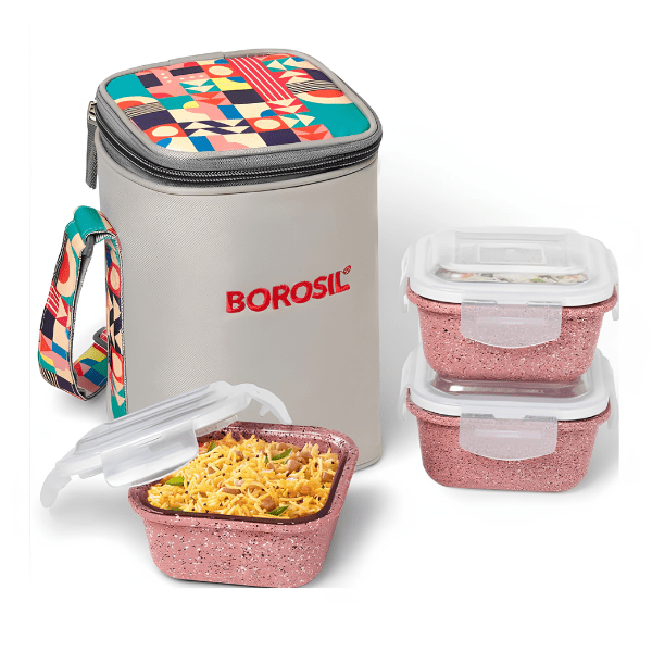 Borosil Kube Pink Glass Lunchbox, Square x 3
