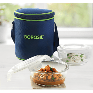 Borosil Blue Glass Lunchbox, Round x 2 (Tall)