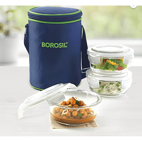Borosil Blue Glass Lunchbox, Round x 3 (Tall)