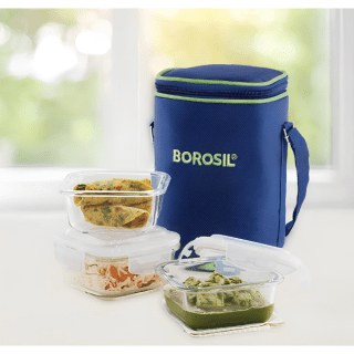 Borosil Blue Glass Lunchbox, Square x 3