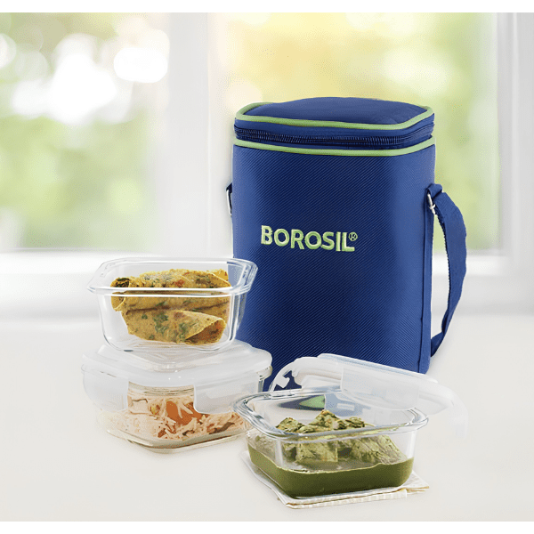 Borosil Blue Glass Lunchbox, Square x 3