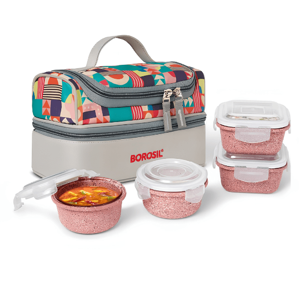 Borosil KubePink Universal Glass Lunchbox set of 4