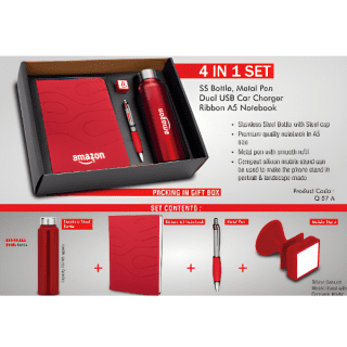 4 in 1 set: Steel bottle, Metal pen, Silicon mobile stand, Ribbon PU notebook