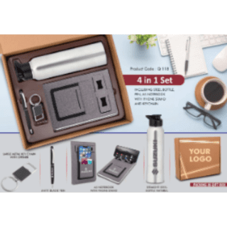 4 in 1 Gray set: Metal Keychain, SS natural bottle, Metal Pen and 4 in 1 notebook in Brown Box