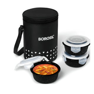 Borosil Kube Black Glass Lunchbox, Round x 3 (Tall)