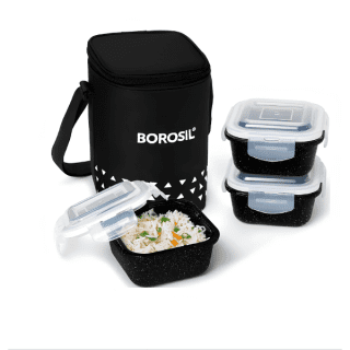 Borosil Kube Black Glass Lunchbox, Square x 3