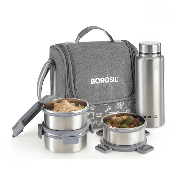 Borosil Slate Stainless Steel Lunchbox w SS Bottle
