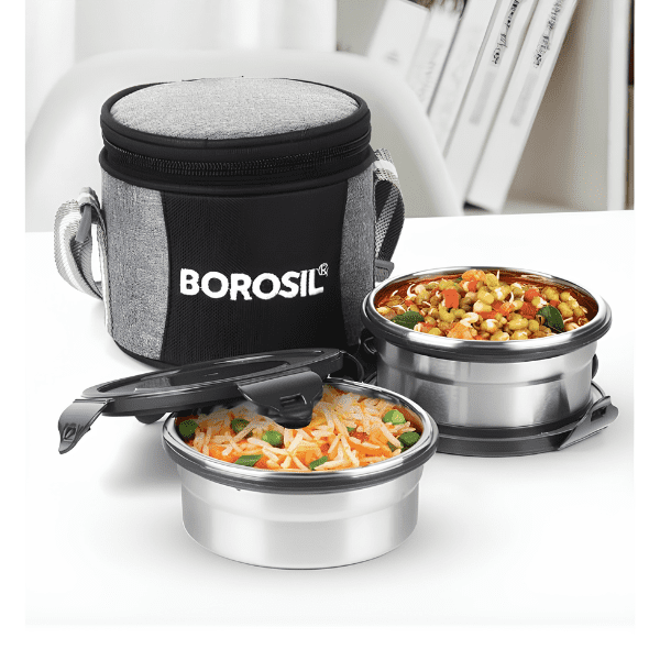 Borosil Feast Stainless Steel Lunch Box, Round x 2 (Tall)