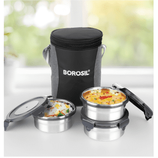Borosil Feast Stainless Steel Lunch Box, Round x 3 (Tall)