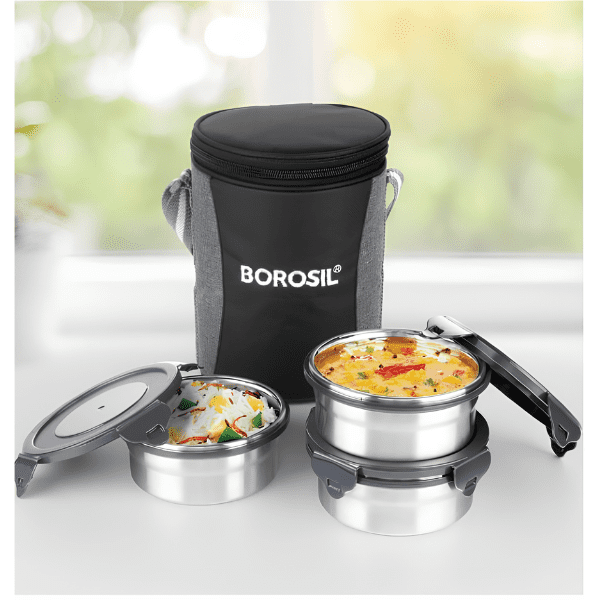 Borosil Feast Stainless Steel Lunch Box, Round x 3 (Tall)