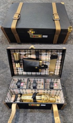 Leatherette Portable Bar Set 3 Glasses with Gold PVD