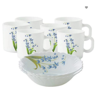 Larah by Borosil Lavender Snack Set w Mugs Set 2 N Multipurpose Bowls, 6 N Mugs (180 ml)